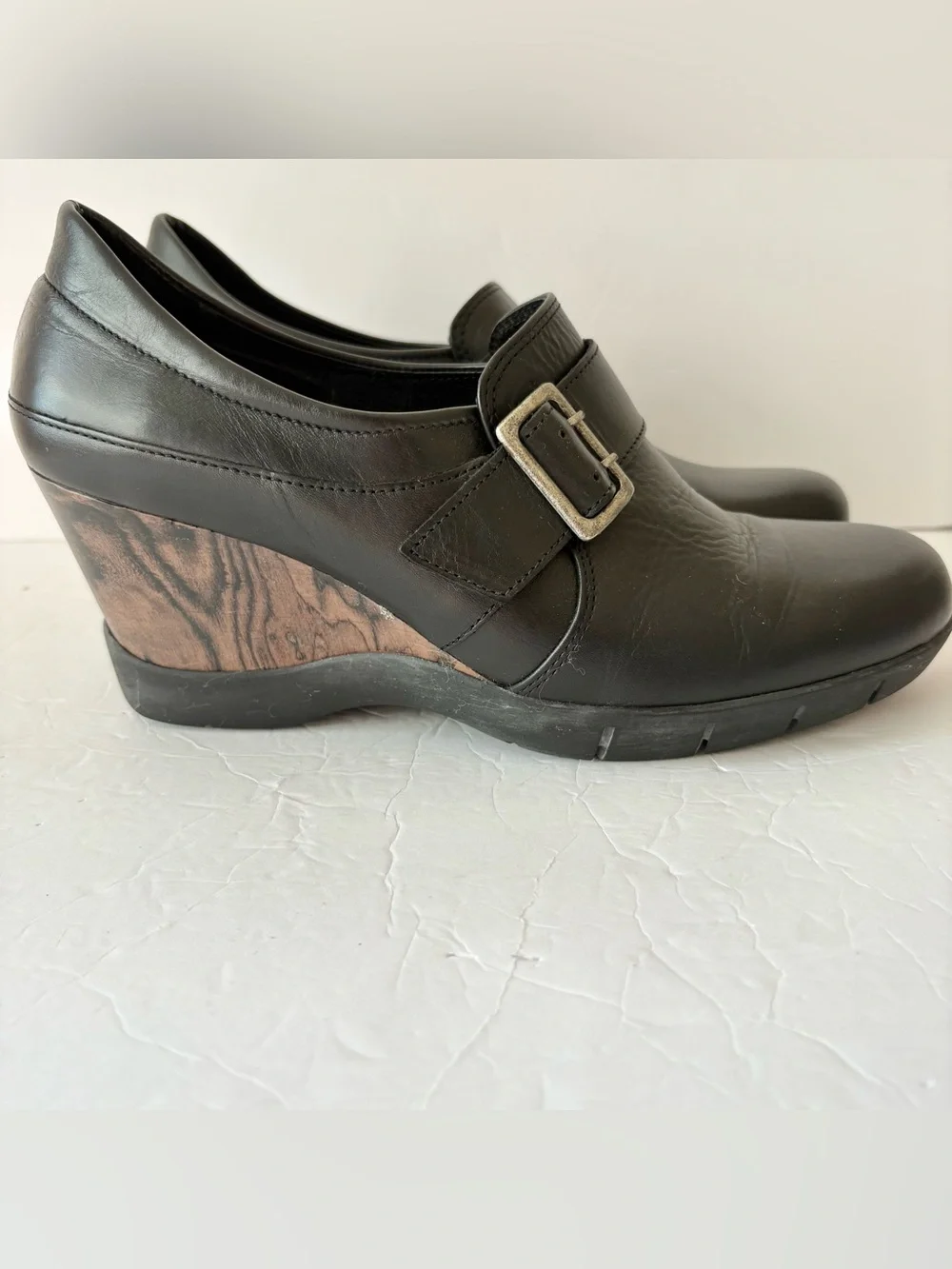 Sanita Maralyn Black Leather Wedge Pump Heels Buckle Slip On Shoes